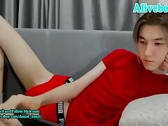 skinny twink femboy strokes his cock on webcam