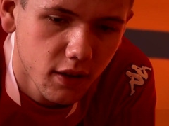 Skinny young Aaron Aurora cums while riding big cock