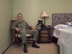 Young soldier in uniform strips naked and starts to wank off