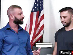 The horny schoolteacher opens his mouth wide and gives his star student a drooly blowjob while his step-father jerks off