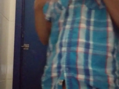 open my blue tee-shirt in shower pull up my messy prick then stroke him