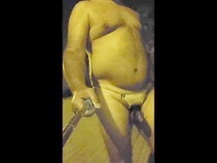 Chubby exhibitionist strolls through a summer night without clothes