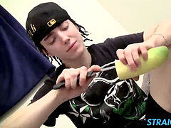 heterosexual tatted thug playing with his thick cock and a fruit