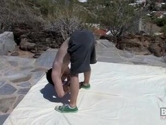 Glorious yoga enthusiast Jesse Jordan tugs his long fuck-stick