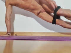 Man jerking while doing nude yoga - pushup contest