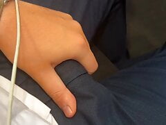 Horny at work with slimy dick in pants