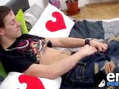 lad with attitude Timmy Clark tugs salami before self facial cumshot