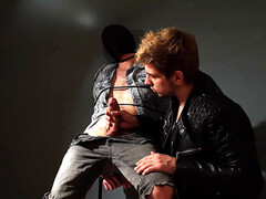 Sloppy blowjob, strapped, gay cumshot