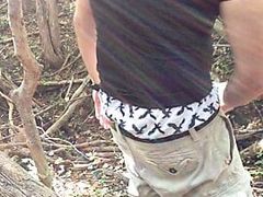 Public masturbation in the woods, cumming on a log. Jerking my hard cock, wearing boxers and public exhibitionist