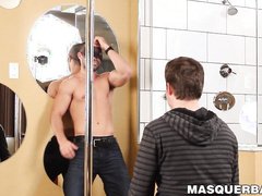 Bearded Alexandre dances on a pole before stroking his huge cock