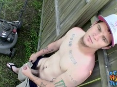 Handsome guy Lex Lane drains his cock outdoors