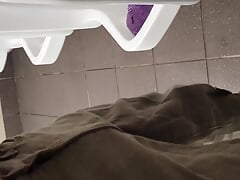 johnholmesjunior does a quick jerk off in open urinal movie theater bathroom huge cum load