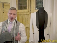 Wet blowjob and creamy anal fucking by tailor Manuel Skye and suited Drew Dixon