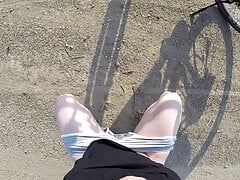 Naked and horny in public - POV cam - Riding nude in nature, shaved body, exhibitionist masturbate to cumshot