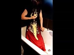 Satin dress and custard