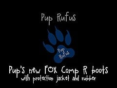 RubberBikerPup with new FOX Comp R boots and protective gear