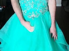 Cumming in a girl's teal blue corset back prom dress