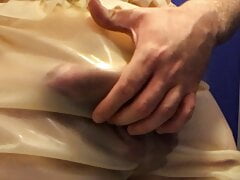 Public restroom cumming with LATEX pants and gloves