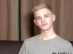 Cute blonde twink jerks off naked after a kinky interview