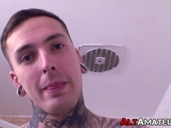 Horny inked stud jerking off and showing his athletic body