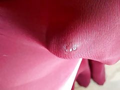 Wanking and cumming in red tights pantyhose