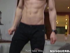 Stud has his mask on as he masturbates on camera for us