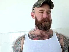 Old mind-blowing daddy with tattoos and ample dick fucked hard his young crystal-eyed stepson in the bathroom