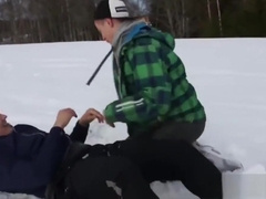 3 young guys on a snowboard holiday having 3-way fun