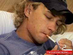 Blonde twink Casey Wood jerks off his dong while smoking