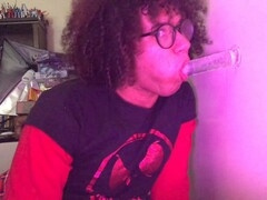 Gigantic femboy plays and deepthroats a massive dildo for Halloween fun