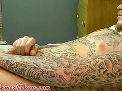 Tattooed amateur jerks off his erect lubed dick and jizzes
