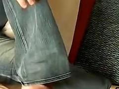 Kinky jock with a foot fetish strips nude and masturbates