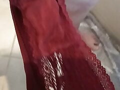 Me in wife's panties inserting my cock in the gussett