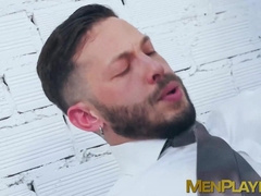 Sexy Javi Gray pounds his ass into the thick cock of suited John Brachalli