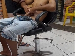 Whorish barber deepthroating young heterosexual customer