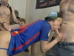 Fratx college guy enjoys intense face fucking in gay group sex party