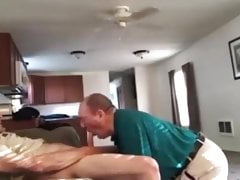 Clothed grandpa on his knees sucking daddy's cock