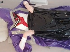 Guy in latex layers and student sailor outfit gets off in sheer pants and maid stockings