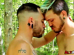 Inked goth homos with tattoos blow chisels and munch donk outside