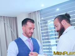 Suited Franky Fox served a sloppy blowjob in an ass fucking with Logan Moore