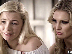 Busty stepmom shares boyfriend's cock with bisexual stepdaughter in wild threesome