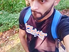Big Uncut Cock Latino Jerking Outdoors in the Woods and Eating His Tasty Cum Careful Not to Get Caught