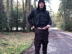 Stud with ample boner jacking and nutting near the street