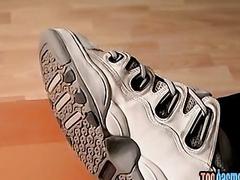 Blond twink teases with his toes and jerks off solo