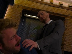 Classy men in suits fuck on the couch until the sperm drops on their shirts