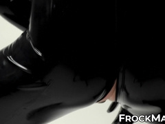 Sexy Rubber Shadow pleasures and strokes his locked cock in wearing a full black rubb