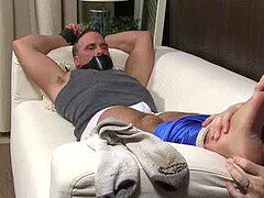 Mature guy Sebastian tied up for feet tonguing and throating