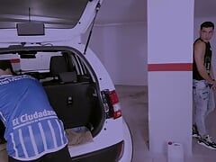 Hot twink boy sucks daddy's cock in the garage