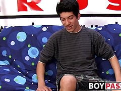 Interviewed young twink jerks off his big dick and cums