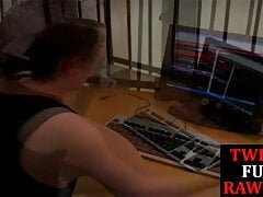 Oral pleased twink breeded in threesome until spraying jizz